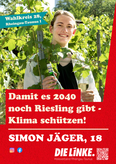 Abgebildet ist der Direktkandidat für den Wahlkreis 28. Er steht in den Weinreben. Geschrieben steht "Damit es 2040 noch Riesling gibt - Klima schützen!"